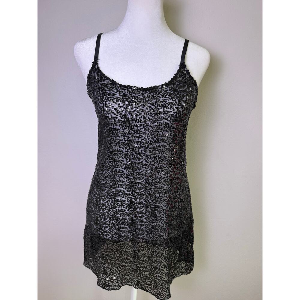 Free People Intimately Black Sequin Mini Slip Dress Y2K Sheer Lace Trim Small - Picture 2 of 6